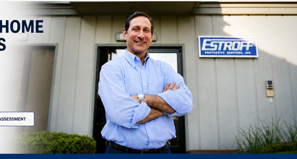 Owner of Estroff Protective Services standing in front of the Augusta office with the full Estroff sign visible